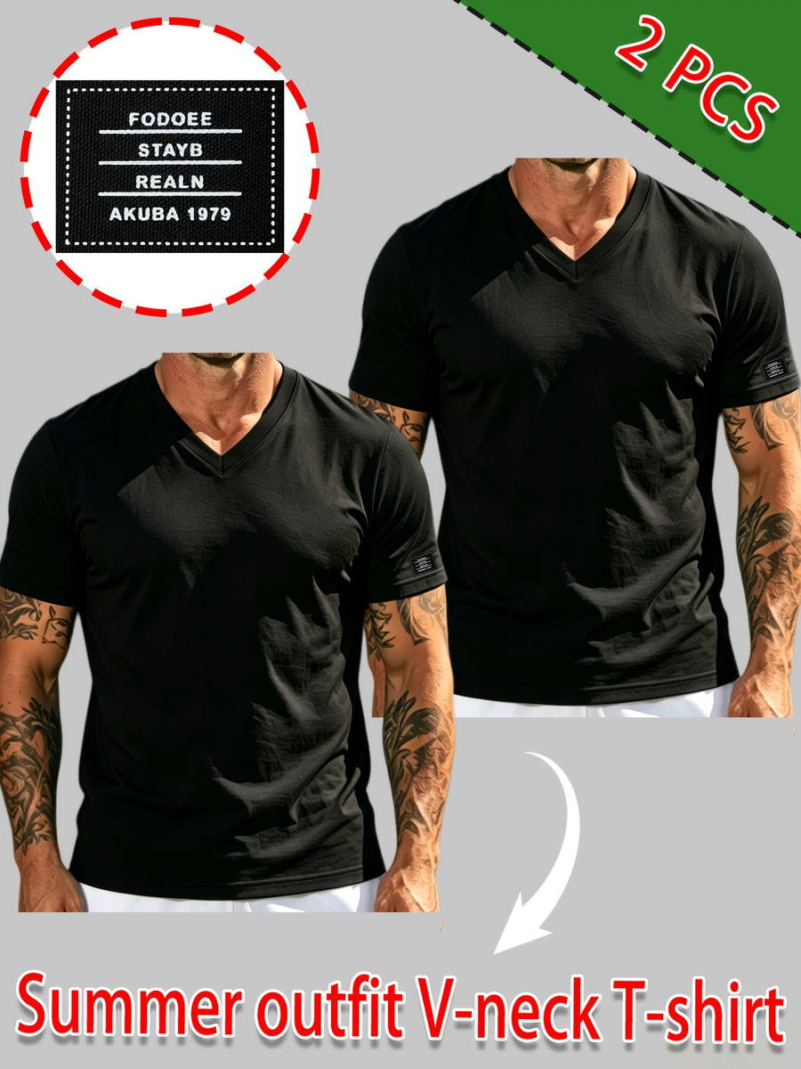 100% Cotton 2pcs Men's Basic V-Neck Pure Cotton Solid Color Short Sleeve T-Shirt, Soft and Skin-Friendly, Versatile Top for Fitness, Casual, and Daily Wear - Black+black