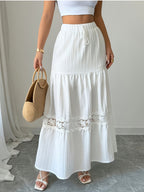 YY260201136 Women's Casual A-Line Dress with French-Style Lace Hem, Drawstring Waist, White Long Dress for Summer Vacation - White