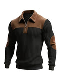 New Christmas Men's Autumn/Winter Brushed Ribbed Cable Knit Sweater, Casual Color-Block Long Sleeve Patchwork Plush Sport Henley Zip-Up Top - Black