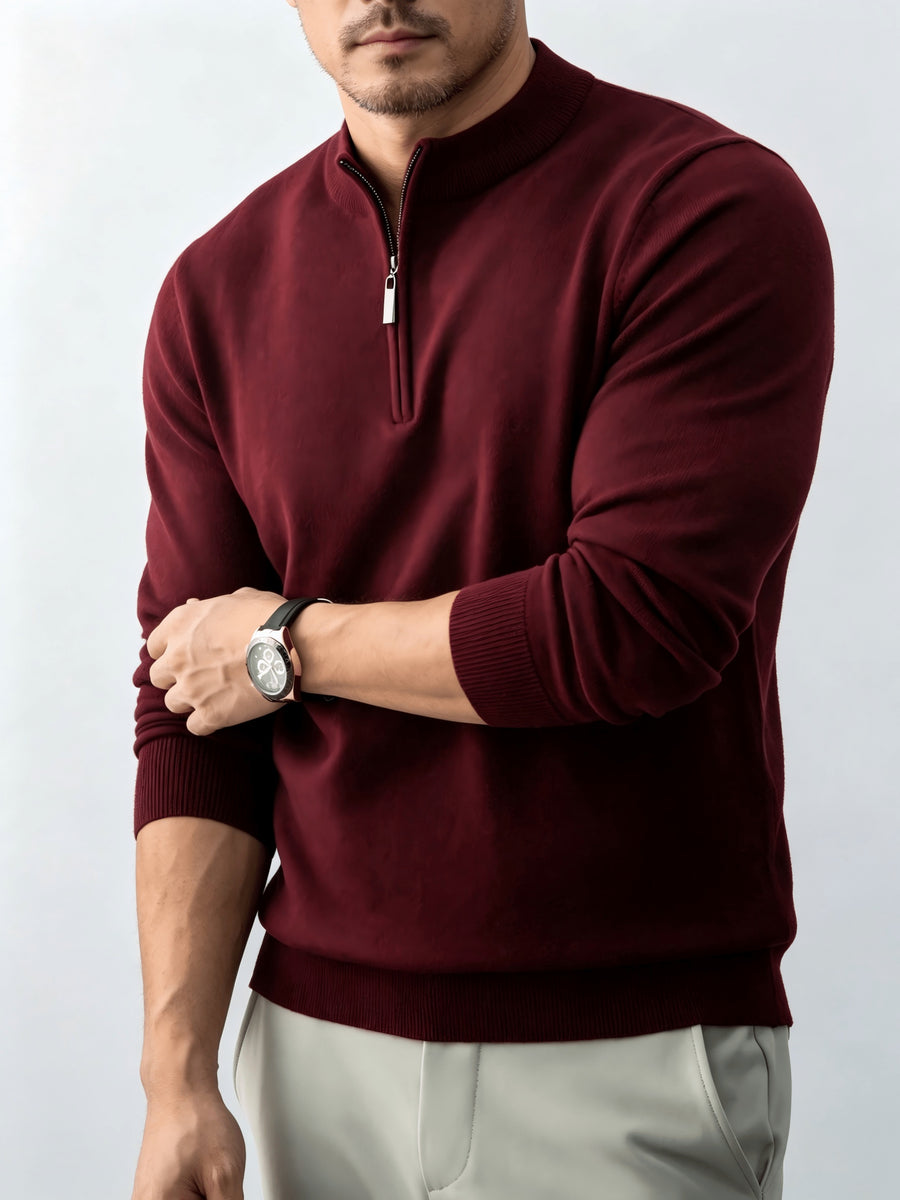 Fall Winter Men'S Half-Zipper Stand-Collar Knit Pullover, Classic Long Sleeve Fit for Casual Social Wear, Daily Commute, Light Business Meeting, Casual Gathering - Burgundy