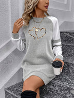 Color-block Long-sleeve T-shirt Dress with Heart Print, Women's Sweatshirt - White & Gray
