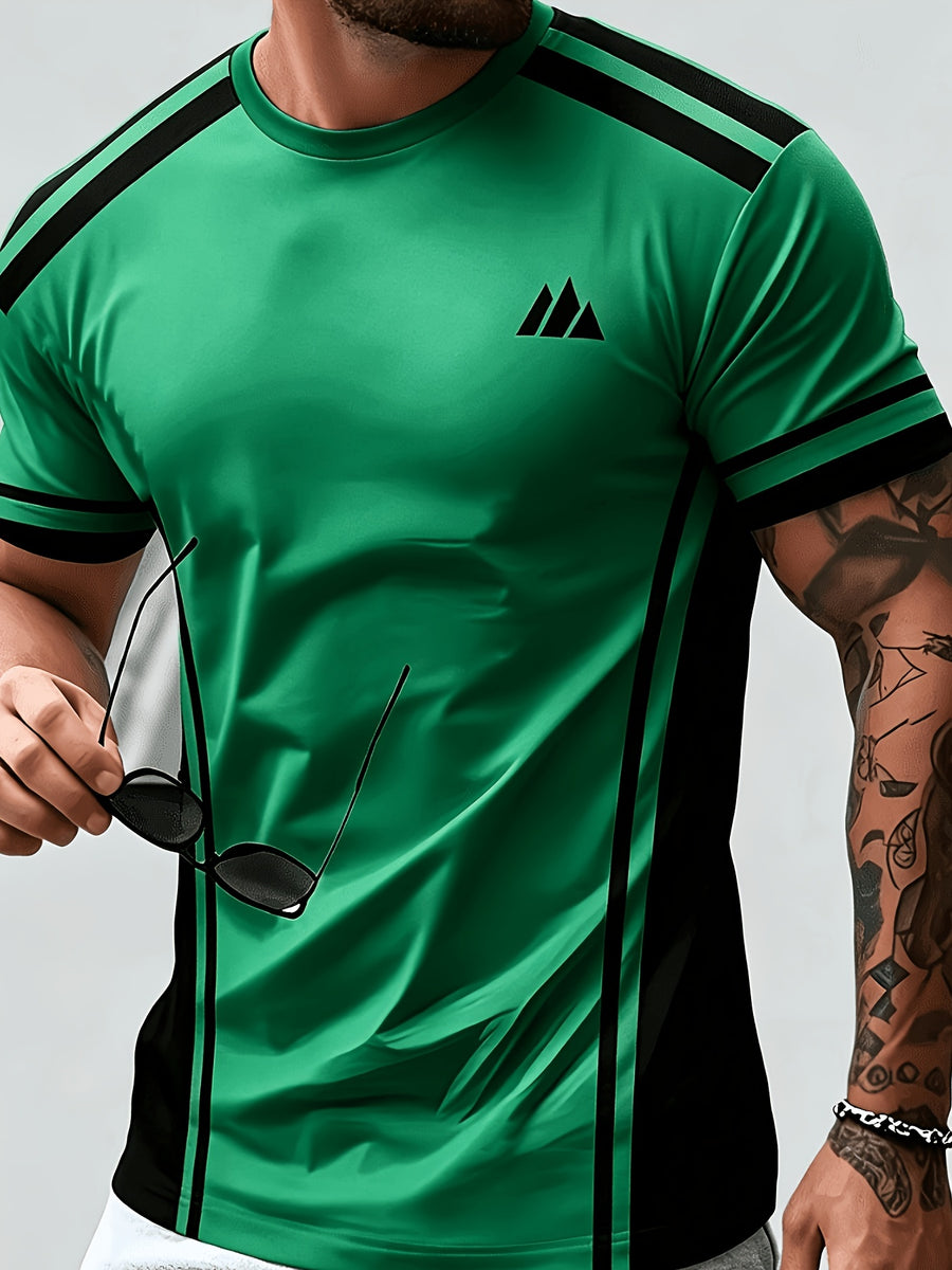 Men'S Trendy Casual Sports T-Shirt, Yellow Black Contrast Striped Mountain Peak Small Label Print Design, Fashionable Thin Breathable T-Shirt, Machine Washable Casual Short Sleeve Top - Mixed Color 16