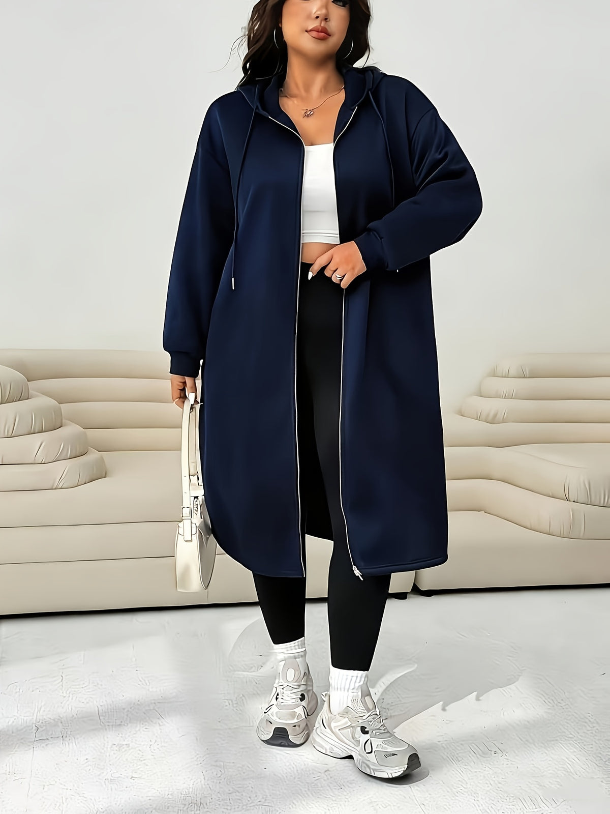 Plus Size Women'S Casual Fleece Jacket, Autumn Winter New Long Sleeve Off-Shoulder Zipper Drawstring Hooded Jacket - Navy Color