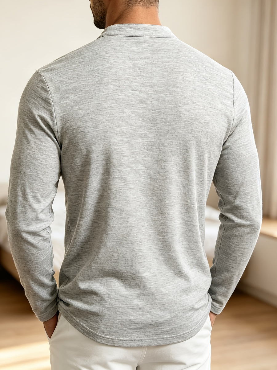 Men Spring Autumn Textured Mandarin Collar Henley 5-button Long Sleeve Top. Slim Soft Breathable Wrinkle-resistant Long Tee for Daily Business Commute & Casual Wear. - Light Grey