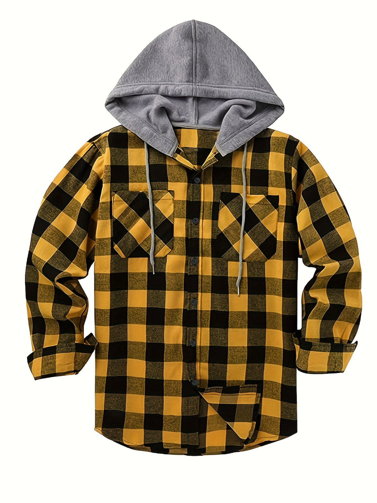 Men's Fashion Hooded Plaid Trendy Shirt Hooded Plaid Sweatshirt, Autumn/Winter Essentials, New Season - Bright Yellow