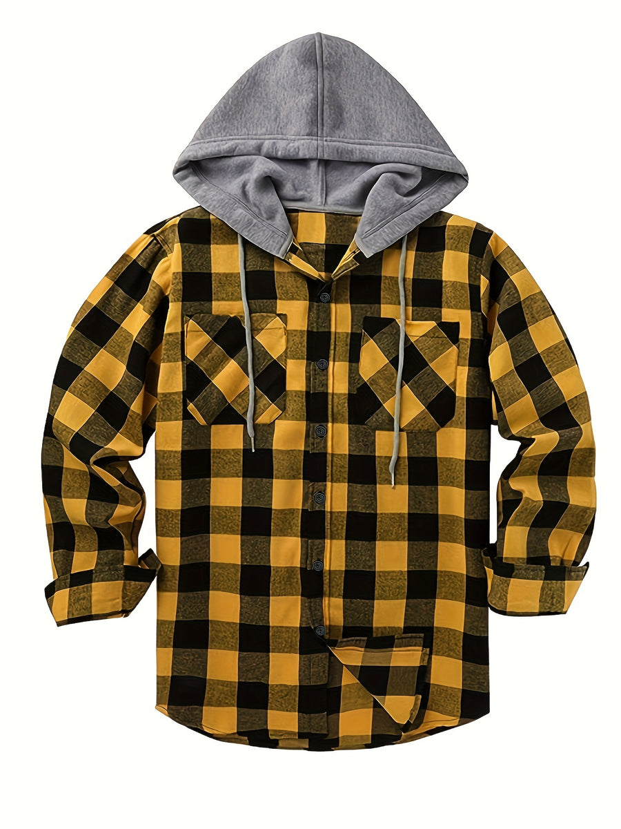 Men's Fashion Hooded Plaid Trendy Shirt Hooded Plaid Sweatshirt, Autumn/Winter Essentials, New Season - Bright Yellow