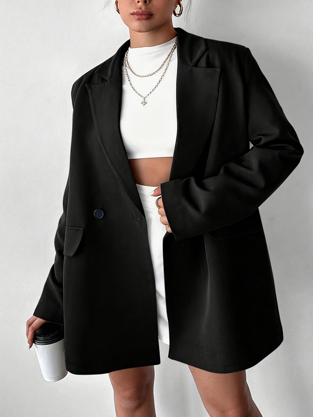 Elegant Special Women's Solid Color Loose Fit Casual Long Sleeve Blazer, Suitable for Workplace Commuting, Daily Outings, Girlfriend Gatherings, Afternoon Tea, Light Business Meetings, City Travel, Spring and Autumn Outfits, and Other Occasions. ZLLZ - Black