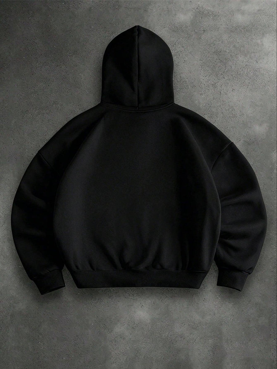 Men's Solid Color Drop Shoulder Zip-Up Sweatshirt, Double-Layer Hooded Sweatshirt Jacket, Long-Sleeve -Lined Jacket, Men's Zip-Up Cardigan for Spring/Autumn Casual Wear, Cropped Hooded Sweatshirt with Pockets and Drawstring, Suitable for Outings - Black 2
