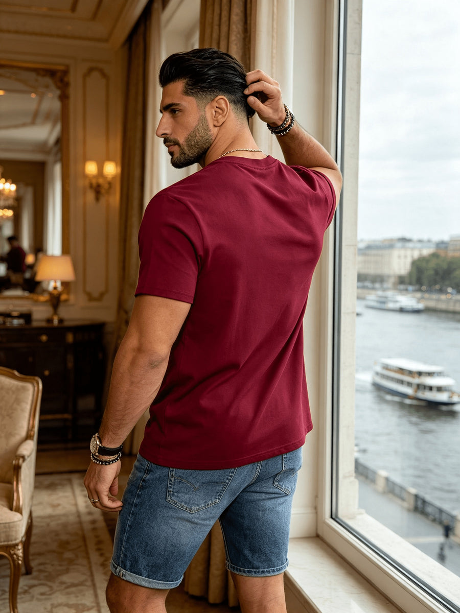 Men's Spring/Summer Solid Color T-Shirt, Short-Sleeve Top, Casual and Breathable, Suitable for Commuting and Outings, Fashionable, Trendy, Simple, and Versatile, a Casual Essential - Burgundy