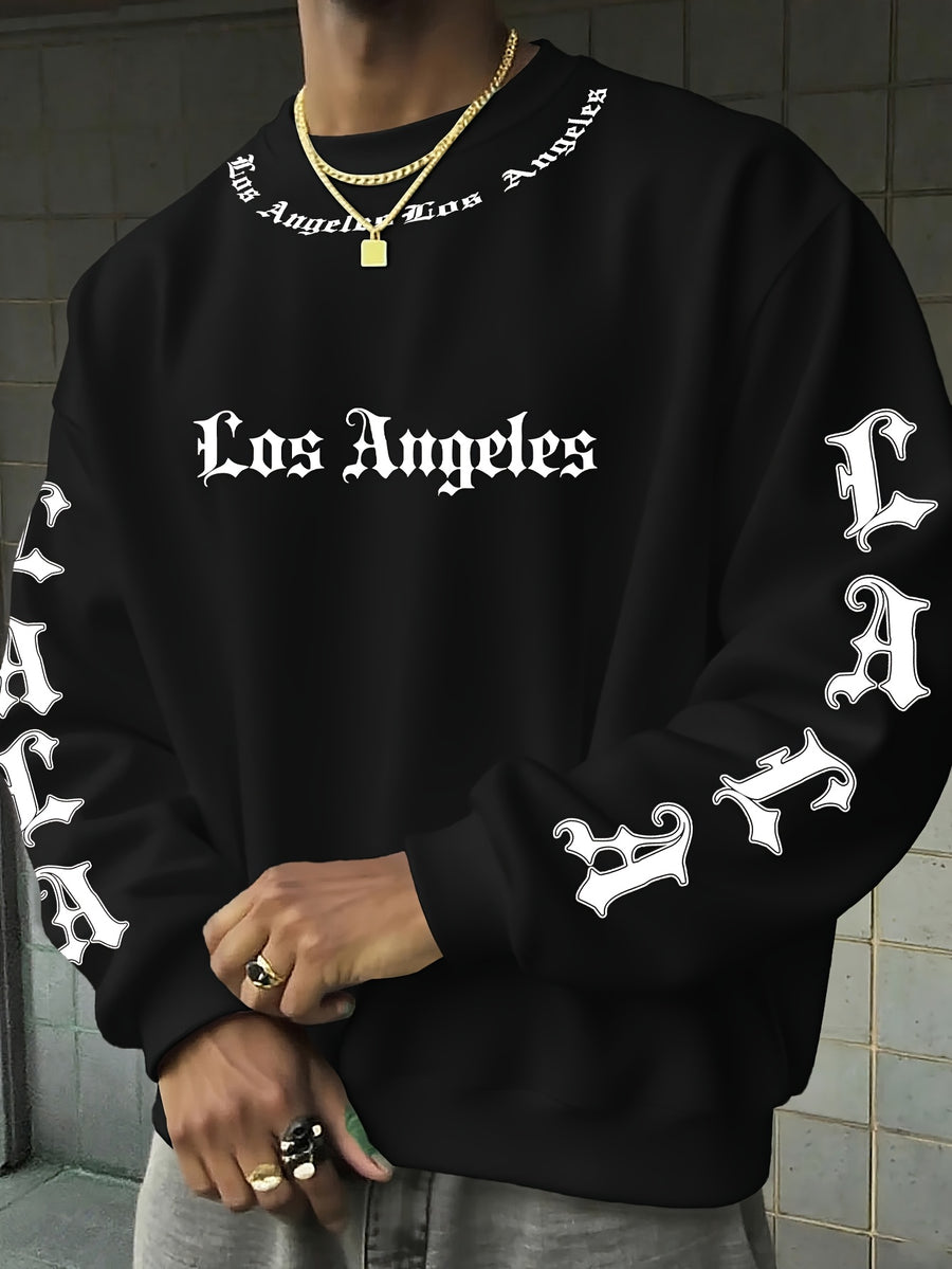 Los Angeles LA All-Over Print Gothic Crewneck Sweatshirt" – A Street-style City-inspired Top! A Must-have for Los Angeles Culture Enthusiasts, Perfect for Trendy Outings and Urban-themed Social Events - Black