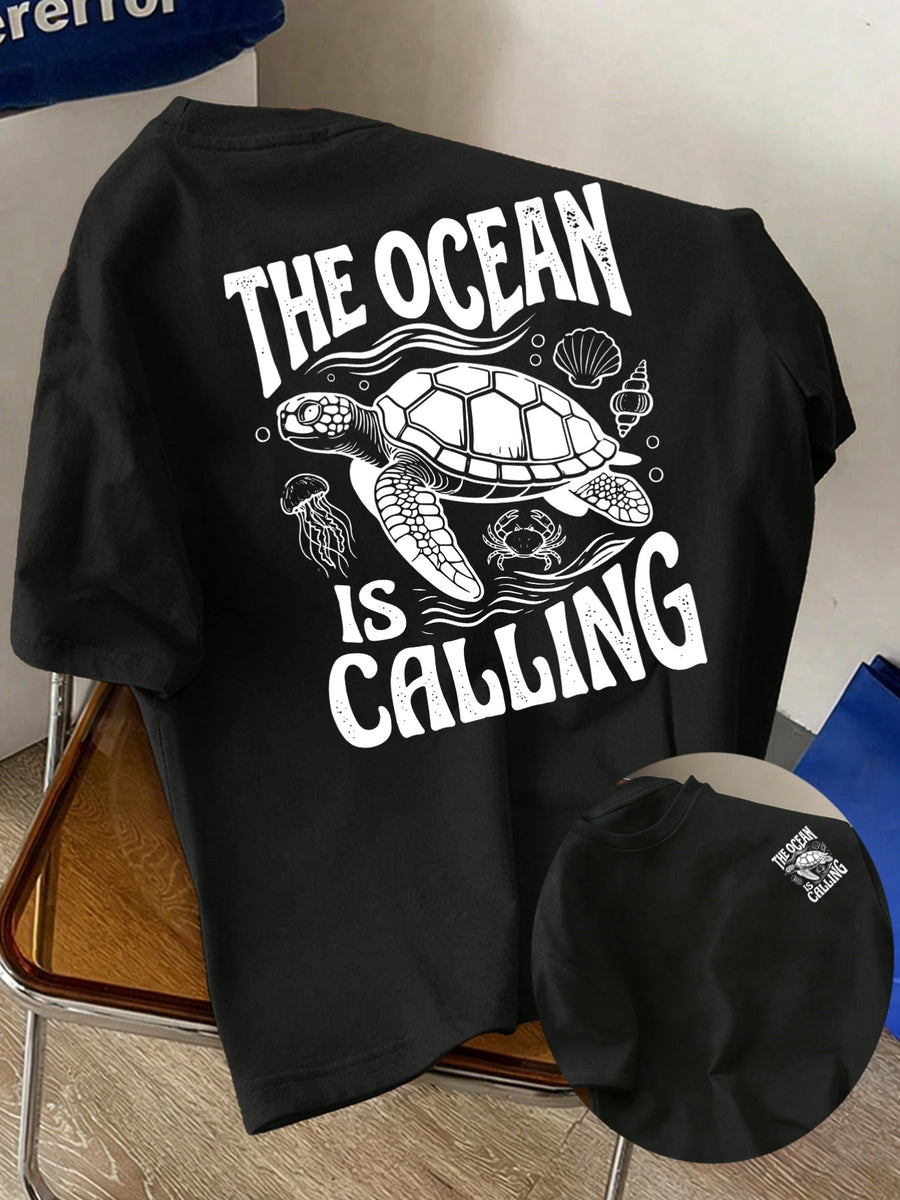 Men's New Style Pure Cotton Short Sleeve Crew Neck T-Shirt with "Ocean Call" Print, Suitable for Vacation, Leisure, Comfortable, Soft, Breathable, Summer Essential - Black