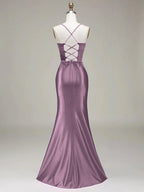 Women's Solid Color Satin Slip Dress with High Slit, Back Tie Waist, Cinched Fit, Pleated Details, and Hip-Hugging Design, Elegant for New Year's, Valentine's Day, Parties, Graduations, Weddings, and Bridesmaid Attire - Taro Purple