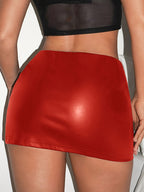 Sexy Hot Bodycon Skirt, PU Solid Color Unique Midi Skirt - Red