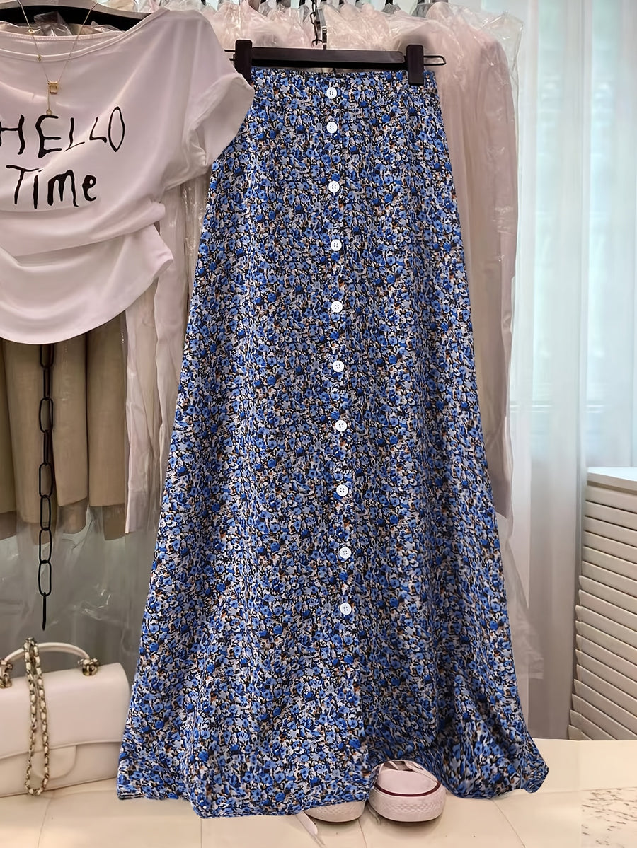 Women'S Blue Floral A-Line Skirt, Button Detail Design, Casual Flowy Non-Stretch Fabric, Suitable for Spring/Summer Vacation Daily Wear - Multicolor