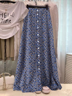 Women'S Blue Floral A-Line Skirt, Button Detail Design, Casual Flowy Non-Stretch Fabric, Suitable for Spring/Summer Vacation Daily Wear - Multicolor