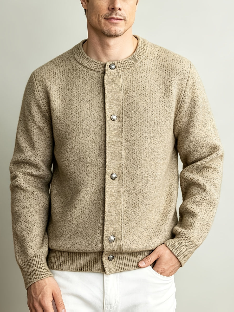 Men'S Italian Casual Gentleman Windproof Solid Round Neck Knit Cardigan Top, Heavy Fabric Warm Non-Constricting Ribbed Hem Windproof Fitted, Suitable for Coffee Dates Art Exhibitions City Strolls Mall Shopping Holiday Leisure Commute Outerwear Top - Clip Flower Coffee