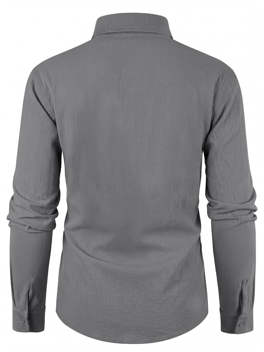 Spring/Autumn New Men's Linen Long-Sleeve Shirt with Lapel and Button-Up Design, Audacious Italic English Print, Casual, Comfortable, and Versatile Men's Top, Men's Cardigan for Daily Commuting, Vacations, and Outings, New Season - Grey