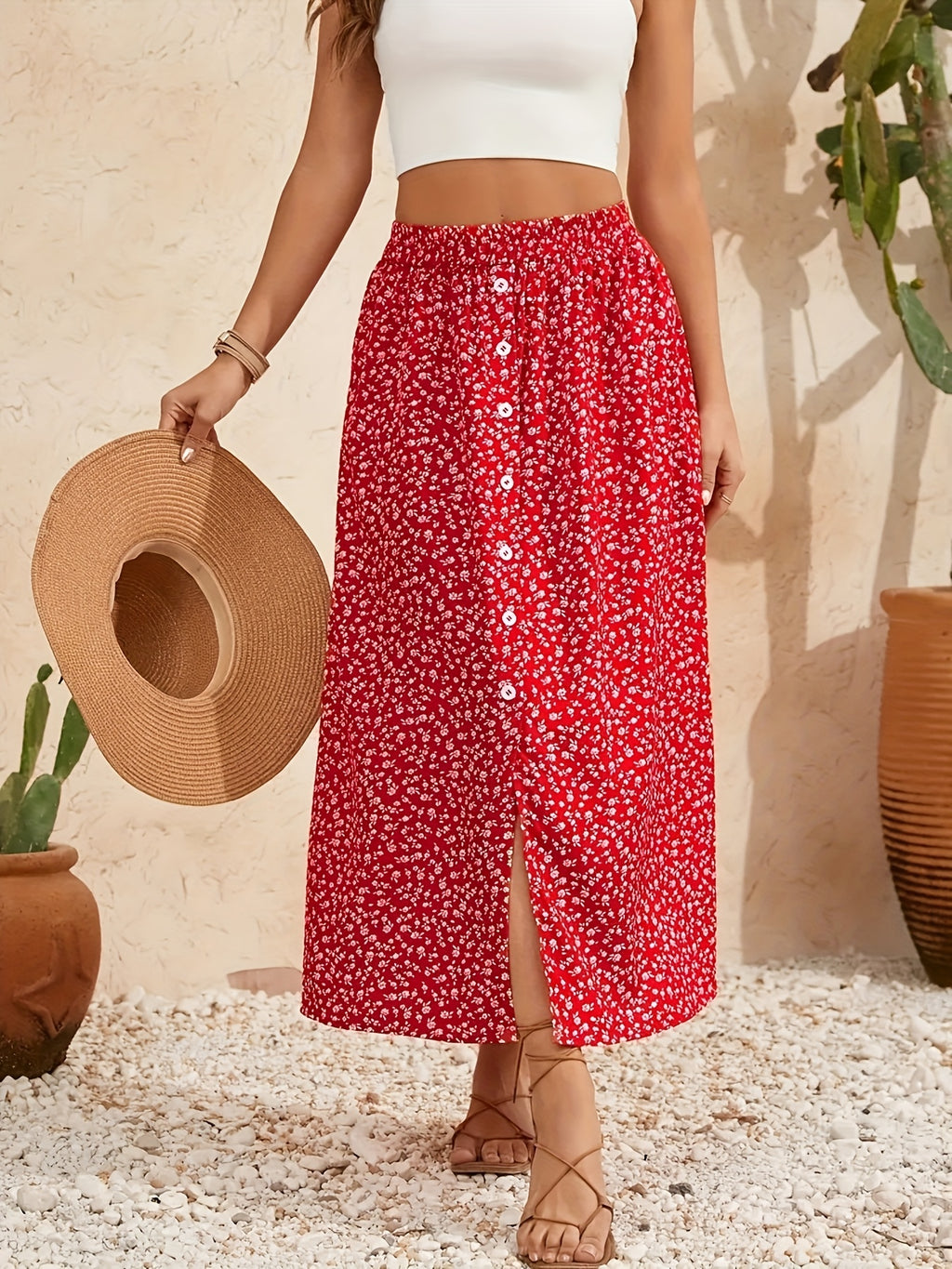 One Women's Bohemian Style Floral High-Waisted Button Slit Maxi Skirt - Red