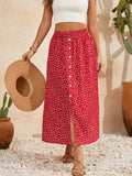 One Women's Bohemian Style Floral High-Waisted Button Slit Maxi Skirt - Red