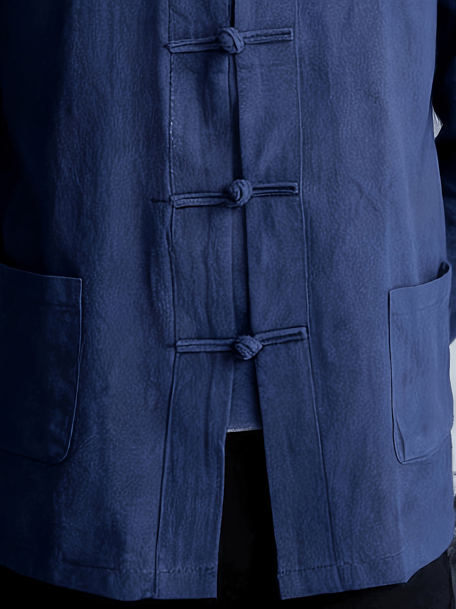 New Chinese Style Men'S Long Sleeve Shirt - And Linen Ethnic Characteristic Practice Clothes - Zen Retro Tang Style Thin Jacket (Solely Includes One Jacket) - Navy Color