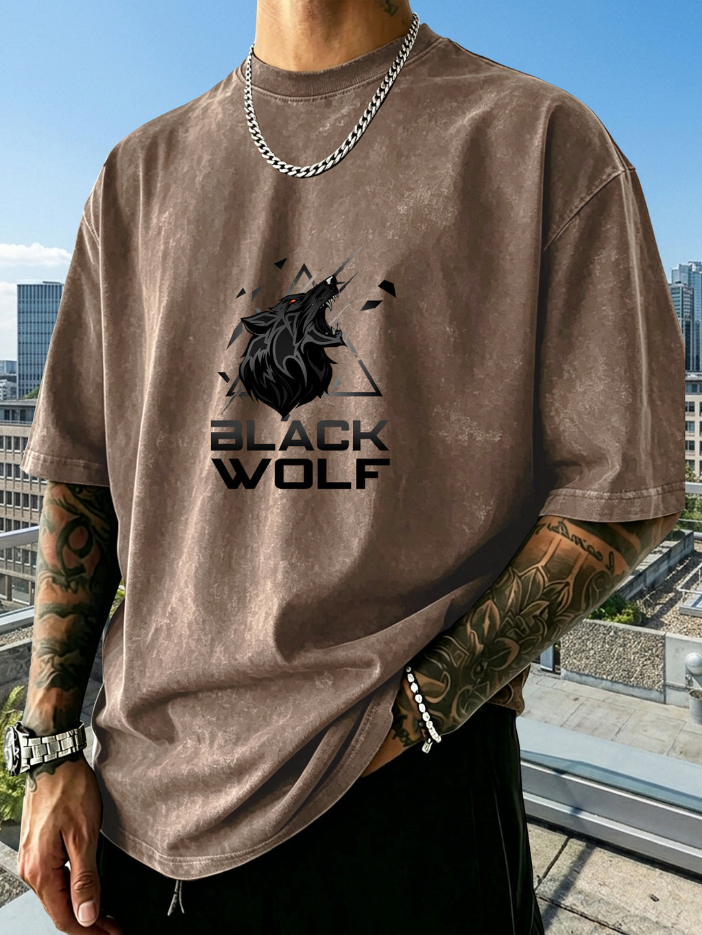 Men's Heavyweight Short-Sleeve Washed Distressed Fashion Print Vintage-Washed Worn Design Streetwear Trendy Distressed Design European and American High Street Style Summer Simple Versatile Gym Workout Sports Top Cotton Breathable - Coffee Color