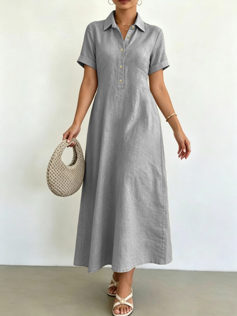 Women's Blended Fabric Shirt Dress with Lapel Collar, Half-Button Short Sleeves, A-Line Midi Length, Summer Casual Light Business Commuter Dress - Grey