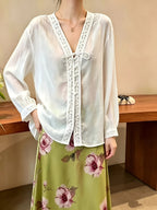 Women'S Fashion Elegant Lace Trim Patchwork V-Neck Tie-Front Single-Button Long Sleeve Open Front Shirt - White