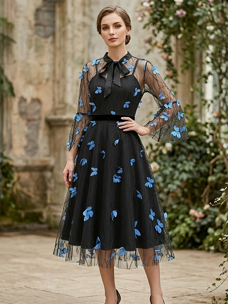 Vintage Mesh Embroidered Patchwork Mid-Sleeve Gothic Dark Evening Gown, for Gatherings, Parties, Dress, Evening Dress, Gown - Blue Color Butterfly