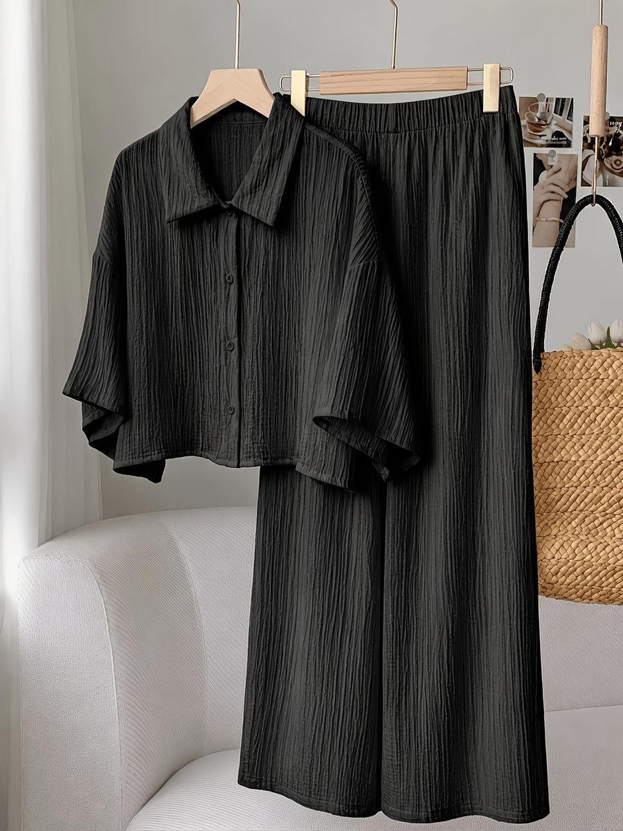Plus Size, Plus Size - New Spring/Summer Solid Color Wrinkled Short Lapel Shirt and Elastic Waist Wide-Leg Pants 2pcs Set - Casual Loungewear Vacation Outfit - Black