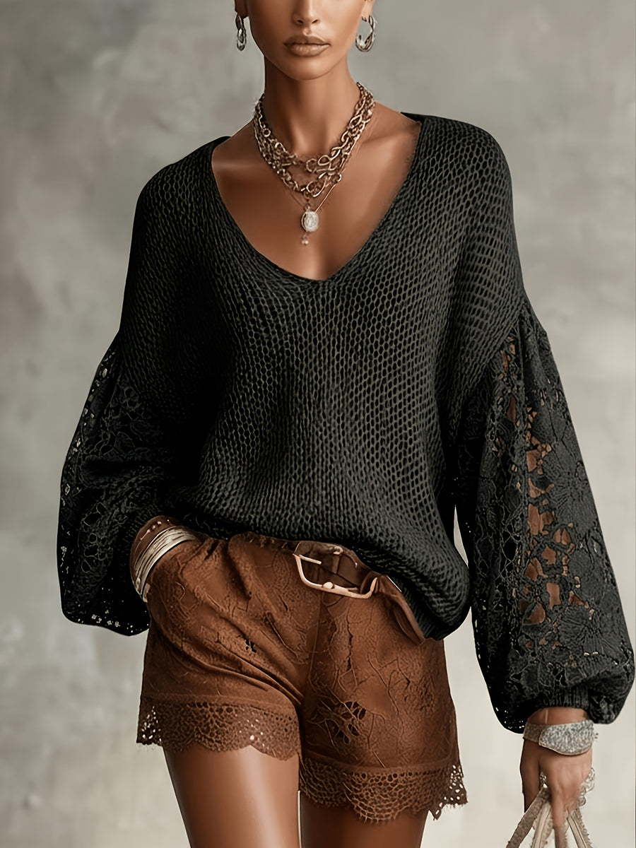 Women's V-Neck Lace Sleeve Sweater, Soft Fabric, Versatile Pullover for Daily Commuting - Black