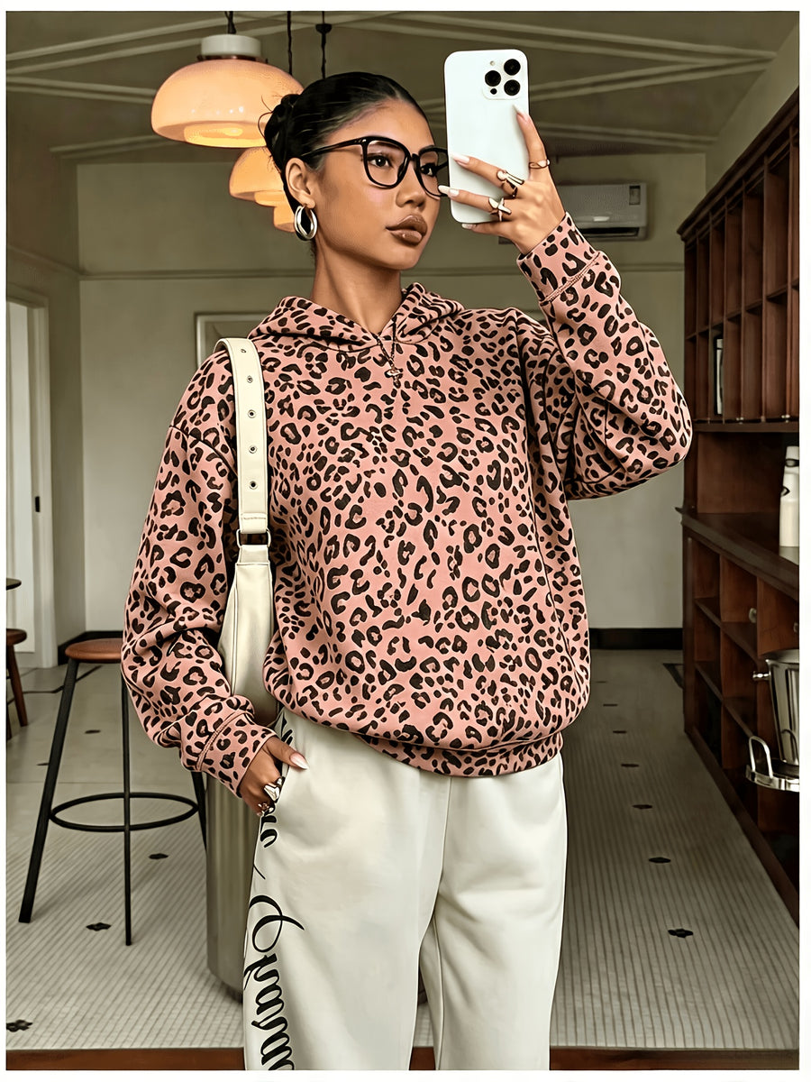 Women's Fashion Leopard Print Hoodie Sweatshirt - Dark Brown