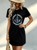Women's Nautical Anchor Print Maxi Dress - East Coast Beach Dress Suitable for Vacation, Wedding Guest, Summer Outfits | 100% Polyester Machine Washable Elegant Round Neck Dress with Spring/Summer Casual Wear - Black