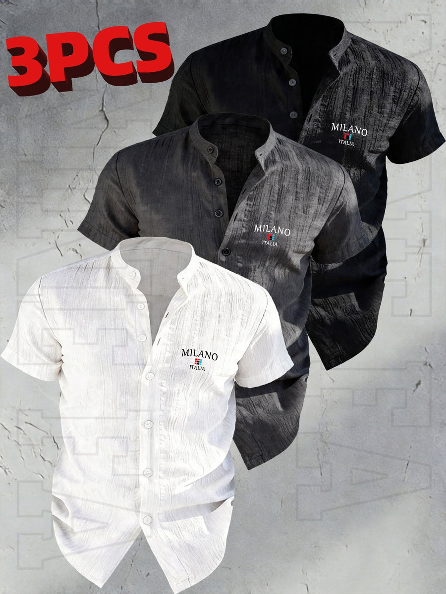 Josh Rose OBOM | Lightweight and Breathable Solid-color Button- Shirt with Geometric Pattern, Featuring a Simple Stand-up Collar Design. Suitable for Beach Vacations, Pool Parties, and Casual Wear. Comfortable and Simple for Daily Outings - White+gray+black