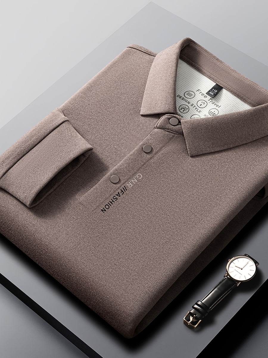 New Autumn 2026 Men's Long-Sleeve T-Shirt, Solid Color Lapel, Simple Daily Wear, Casual Polo Shirt - Coffee Color