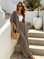 [Linen Blend Fabric, Not Pure Linen] Vacation Casual Set for Women, Summer Lightweight Breathable Beach Outing Relaxed Style Clothing, Loose Body-Covering Fashionable Versatile Lazy Style Daily Wear Short Cardigan And Side-Pocket Elastic Waist Long - Camel