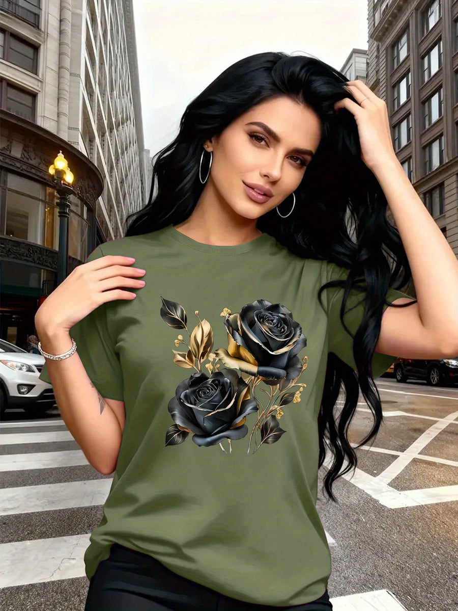 A Stylish And Breathable T-Shirt Featuring a Luxurious Vintage Design with a Black And Golden Rose Pattern, Perfect for Family Trips, Campus Events, Casual, Daily Commutes, Matching Outfits for Sisters, And Versatile Wear - Green