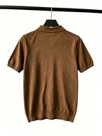 Men's Thin Knit Short-Sleeve Polo Shirt with Simple Line Hummingbird Embroidery and Lapel Collar, Casual Top - 【Brown】