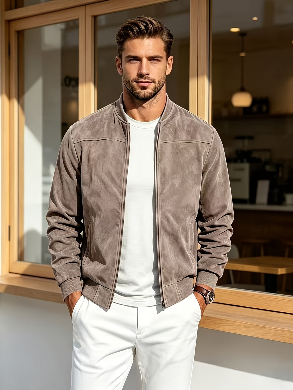 2026 New Men's Baseball Collar Jacket, Autumn Casual Zip-Up Outerwear, Loose Versatile Pilot Top - Sepia