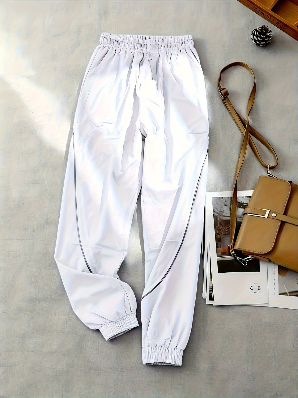 Lightweight Jogger Pants with NY Logo Patch - Elastic Drawstring Waist, Wide-Leg Tapered Fit, Full-Length Capri Length Suitable for Outdoor Activities & All-Season Wear - Collection (Hand Wash/Dry Clean) - White