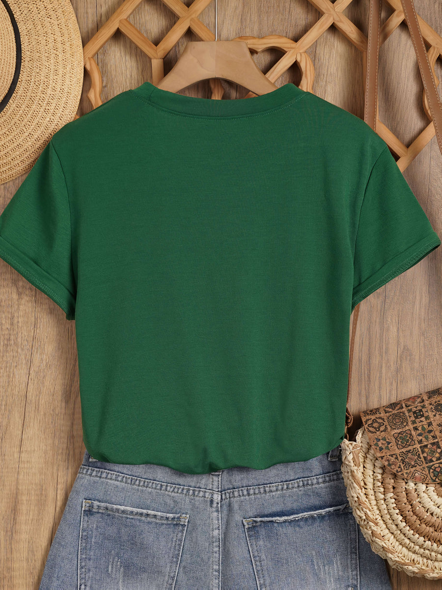Sunflower Pattern Print - with Bow Design - Casual Round Neck, Short Sleeve, Spring/summer Fashion T-shirt - Dark Green