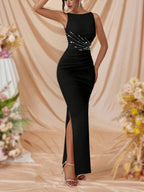 Elegant Rhinestone Bodycon Dress - Sleeveless Small Round Neck Mermaid Slit Dress Suitable for Parties, Weddings, Prom | Shiny Rhinestone Evening Gown for Banquets, Spring Summer Fall Outfits, Hand Washable Solid Color Dress - Black