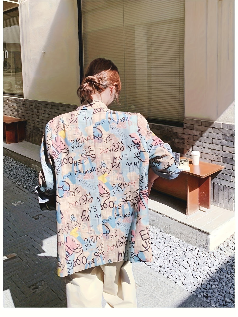 Women's Gray Plaid Blazer Jacket, Spring 2025 New Arrival, Street-Style Design, Loose Fit, Casual Graffiti Print Suit Jacket - Pink