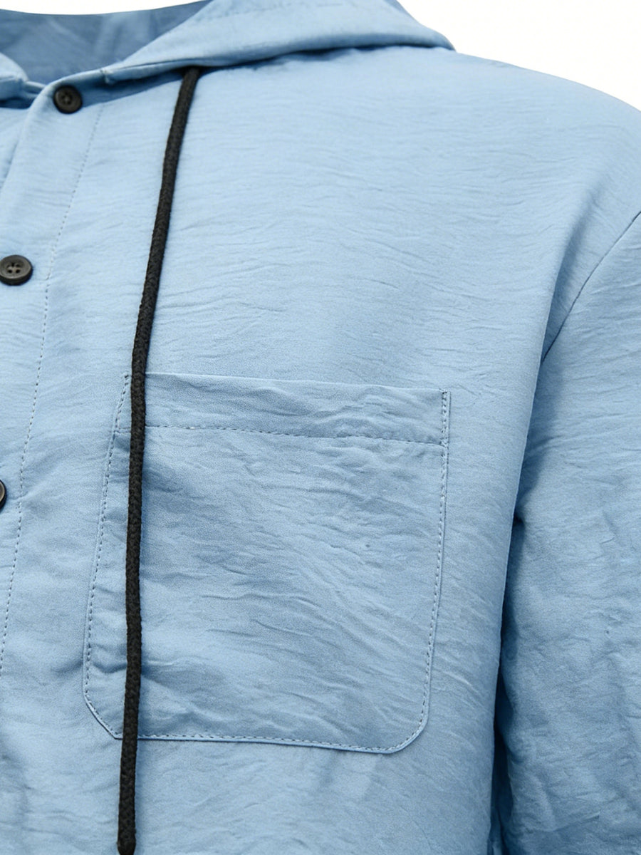 2026 European Style New Men'S Classic Versatile Comfortable Daily Office Commute Date Fashion Trendy Outdoor Sports Outing Travel Versatile Comfortable Hooded Shirt - Sky Blue