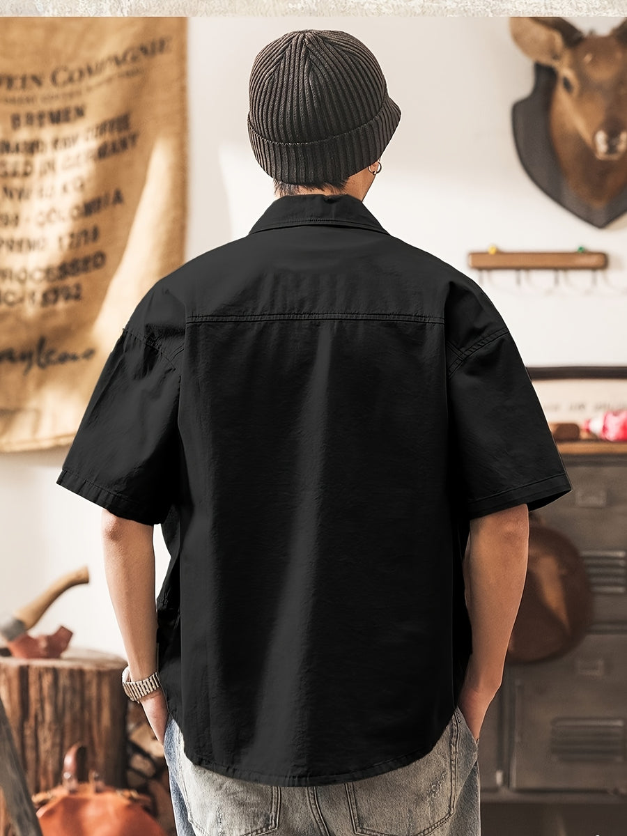 Men's Casual Short Sleeve Shirt, Blend Workwear Button Shirt with Multi Pockets, Solid Color Loose Fit, Breathable Summer Tops for Outdoor Daily WearMen's Multi-Pocket Short Sleeve Work Shirt, Casual Loose Fit Blend Button Shirt for Daily & Outdoor - Black