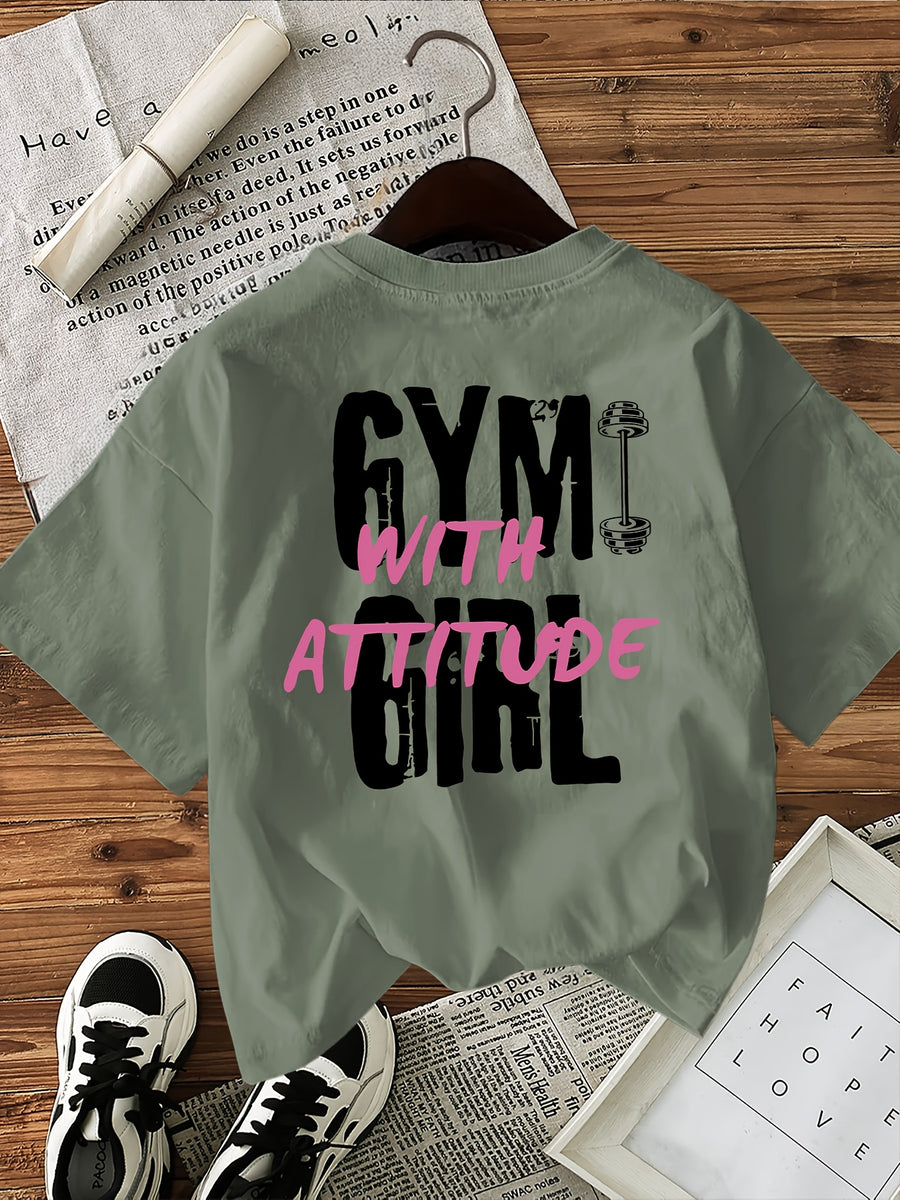 Letter Print Short Sleeve Round Neck Athletic T-Shirt Women'S Top - Olive Green