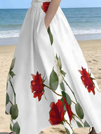 Red and White Rose Vine Print Skirt, Summer Casual Vacation Style - Mixed colors