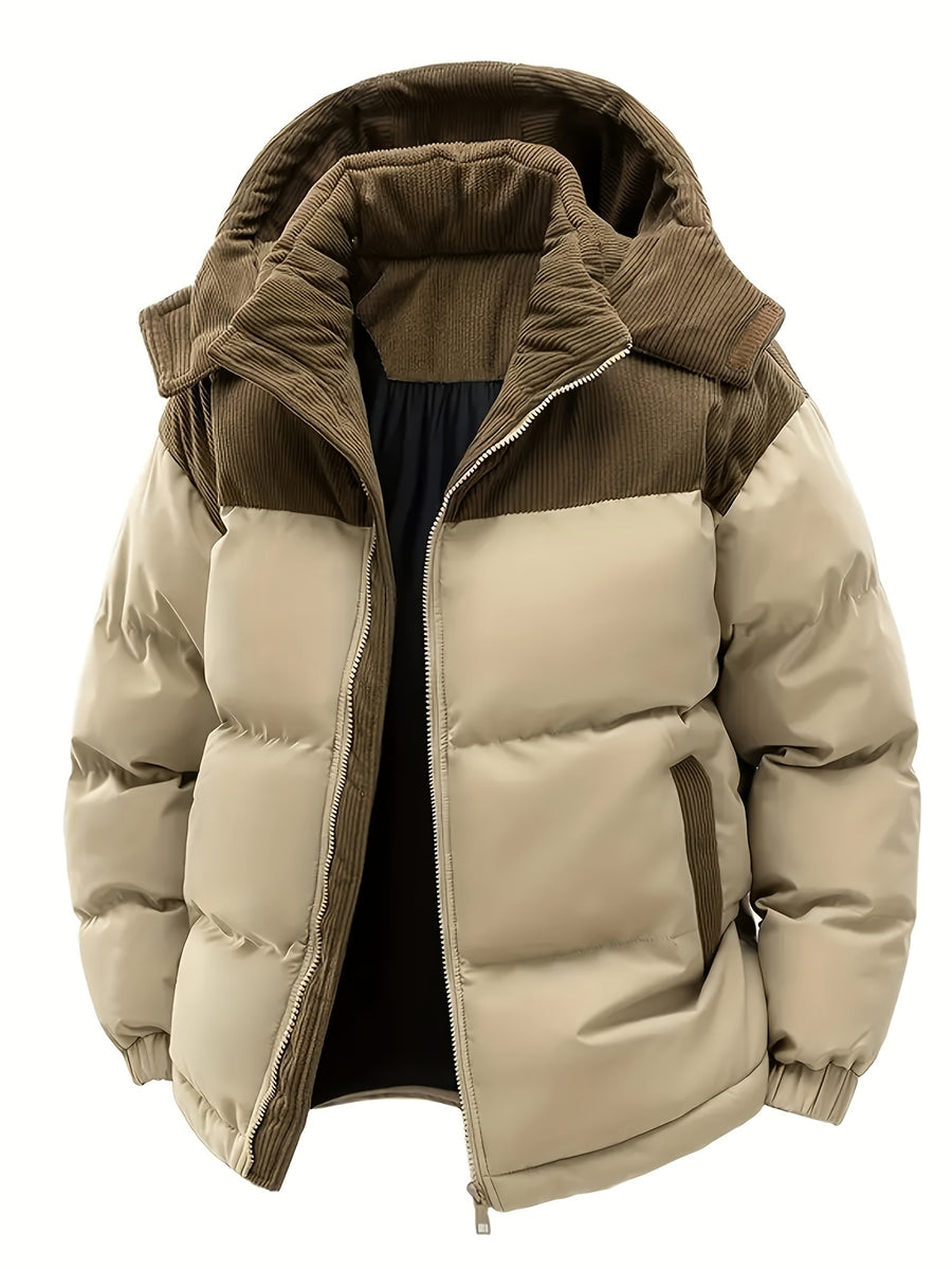 Men's Thickened Winter Jacket - Warm Windproof Hooded Outerwear, Polyester Fiber Filling Suitable for Cold Weather, Outdoor Activities - for Teens and Adults, Seasonal Layering, Casual Outerwear, Comfortable and Warm - Khaki