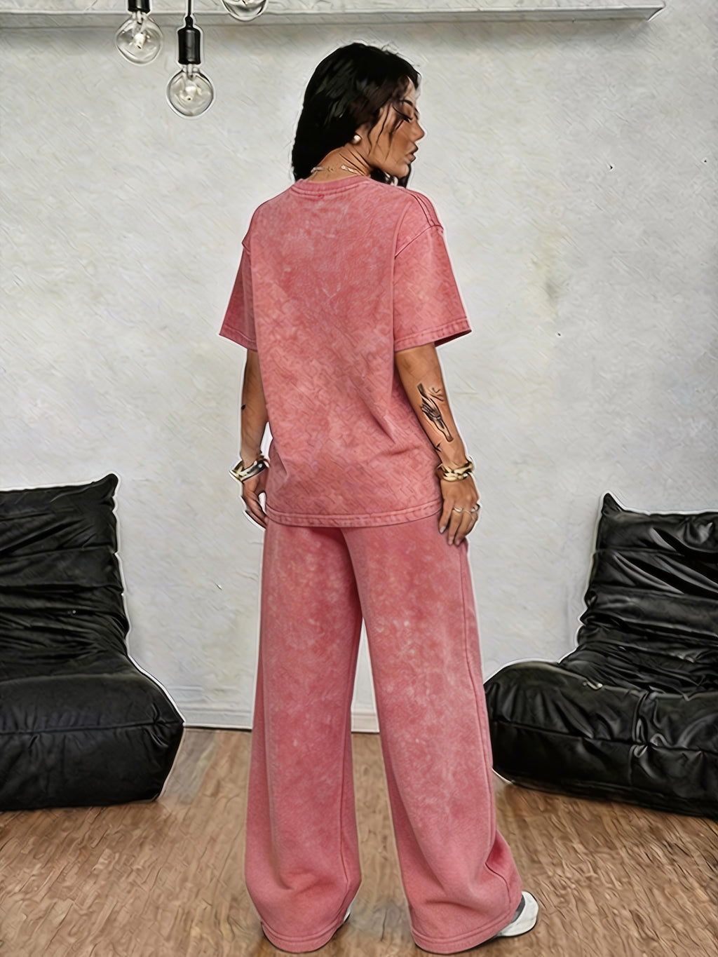 Street Style Paris Letter Stripe Pattern Print, Women's 2pcs Set, Vintage Washed Loose Fit Casual Crew Neck Short Sleeve T-Shirt + Elastic Waist Drawstring Vintage Washed Casual Sport Long Pants, Women's 2pcs Set - Red+Red