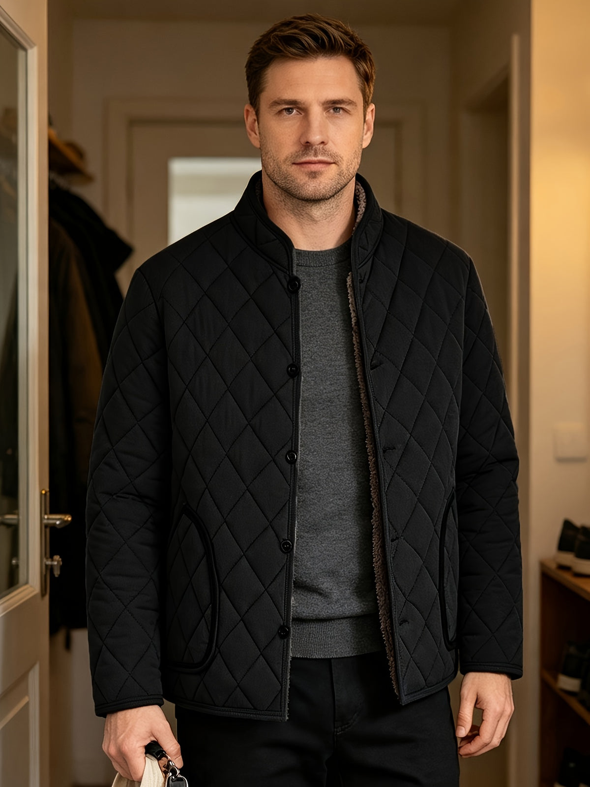 Men's Winter Thickened -Lined Padded Coat, Solid Color with Diamond-Pattern Stitching and Pockets, Casual Warm Padded Outerwear - Black