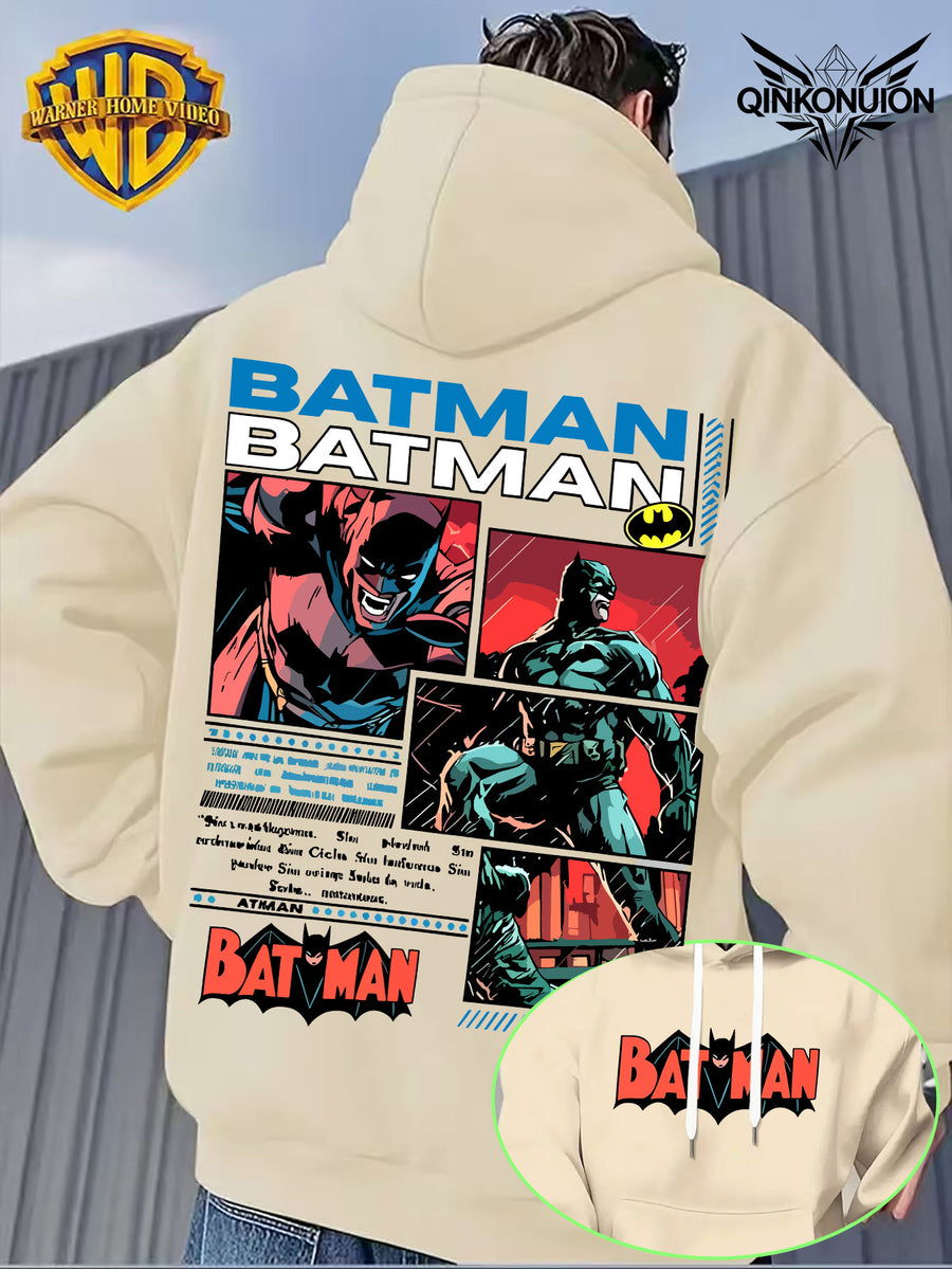 Warner Official Men'S Retro Comic Style Batman Hot-Blooded Trendy Printed Drawstring Hoodie, Warm And Machine Washable for Autumn And Winter, Multifunctional Street Sports And Leisure Loose Edition - Apricot